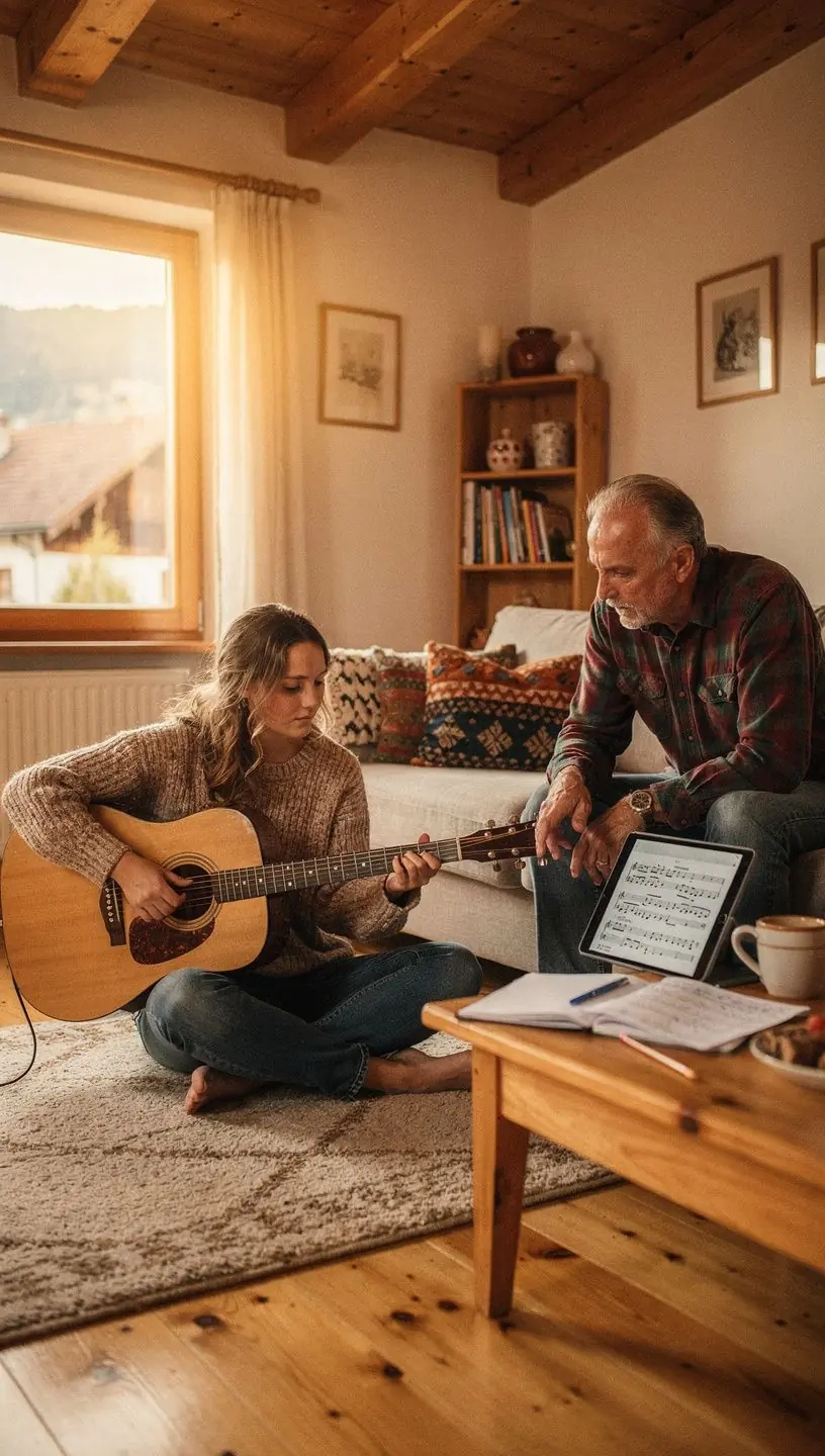 Ein Lehrer erklärt Musiktheorie mit Notenblättern.