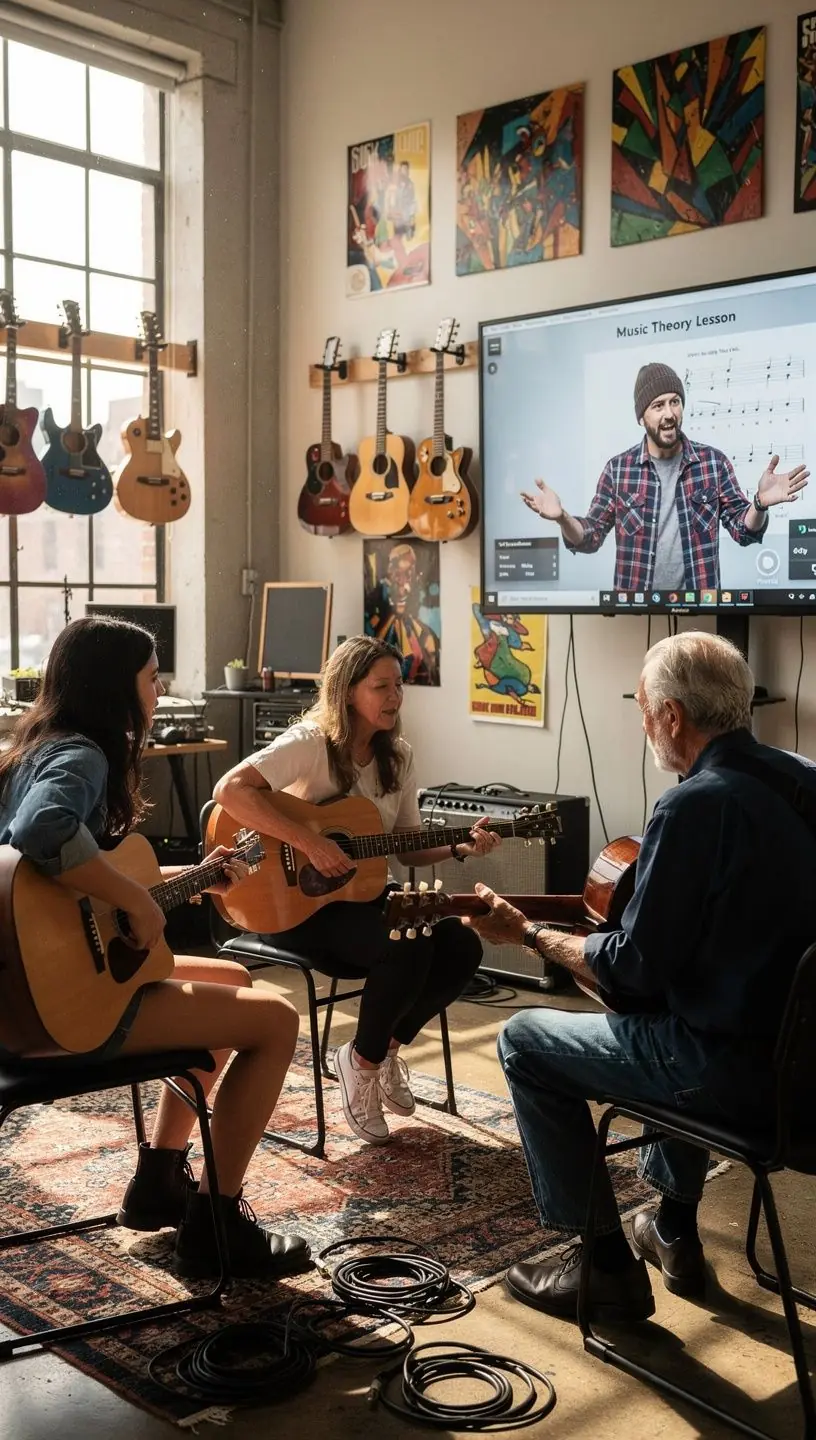 Eine E-Gitarre steht neben einem Verstärker in einem Studio.