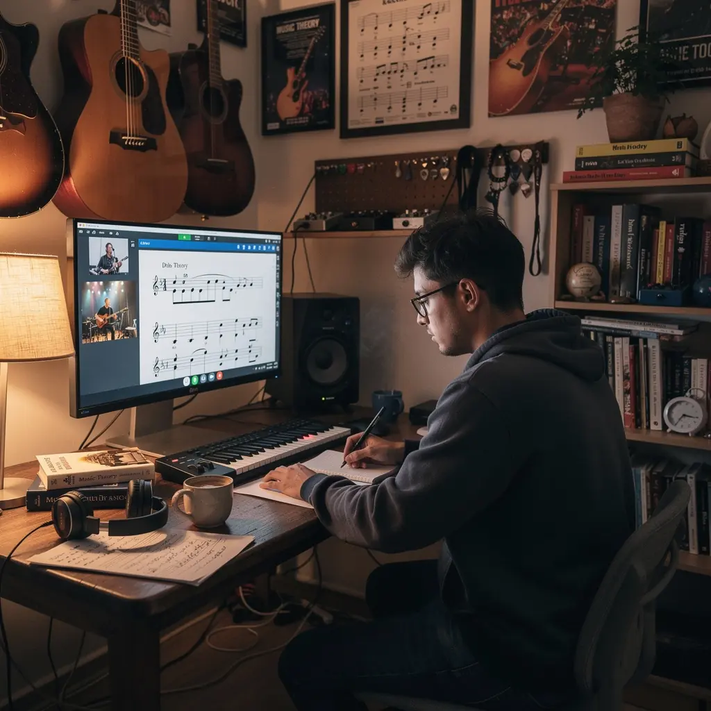 Ein Lehrer erklärt Musiktheorie mit einem Notenblatt und einer E-Gitarre.