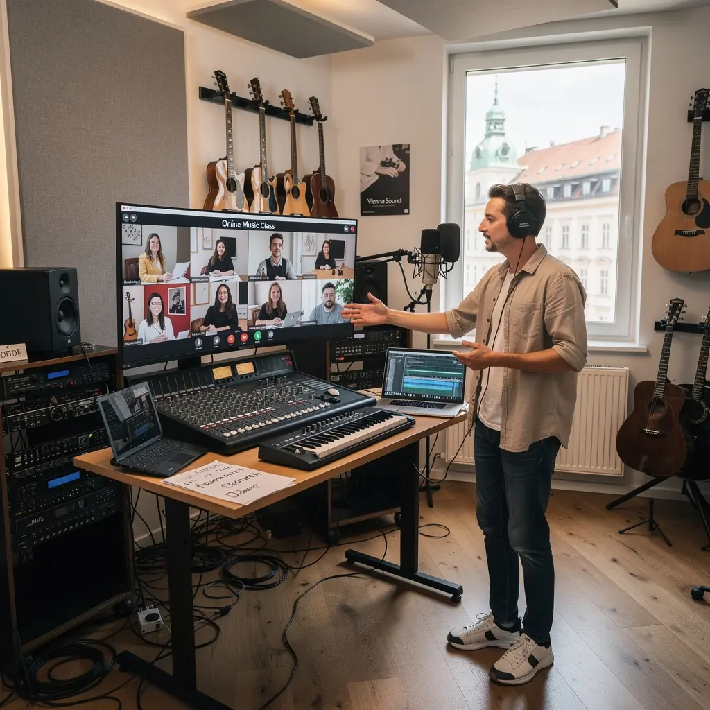 Ein Lehrer erklärt Musiktheorie mit einem Notenblatt und einer E-Gitarre.