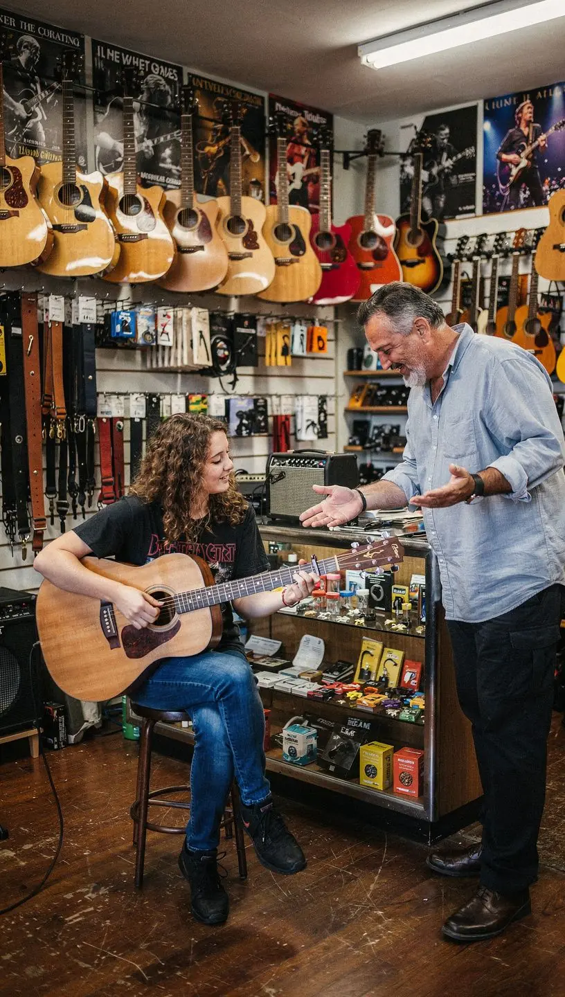 Ein Lehrer erklärt Musiktheorie mit einem Notenblatt und einer E-Gitarre.