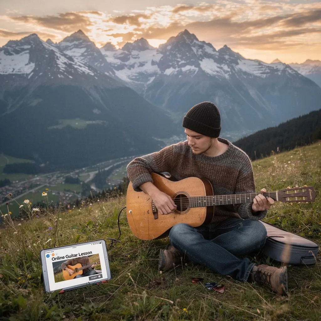 Ein Lehrer erklärt Musiktheorie mit einem Notenblatt und einer E-Gitarre.