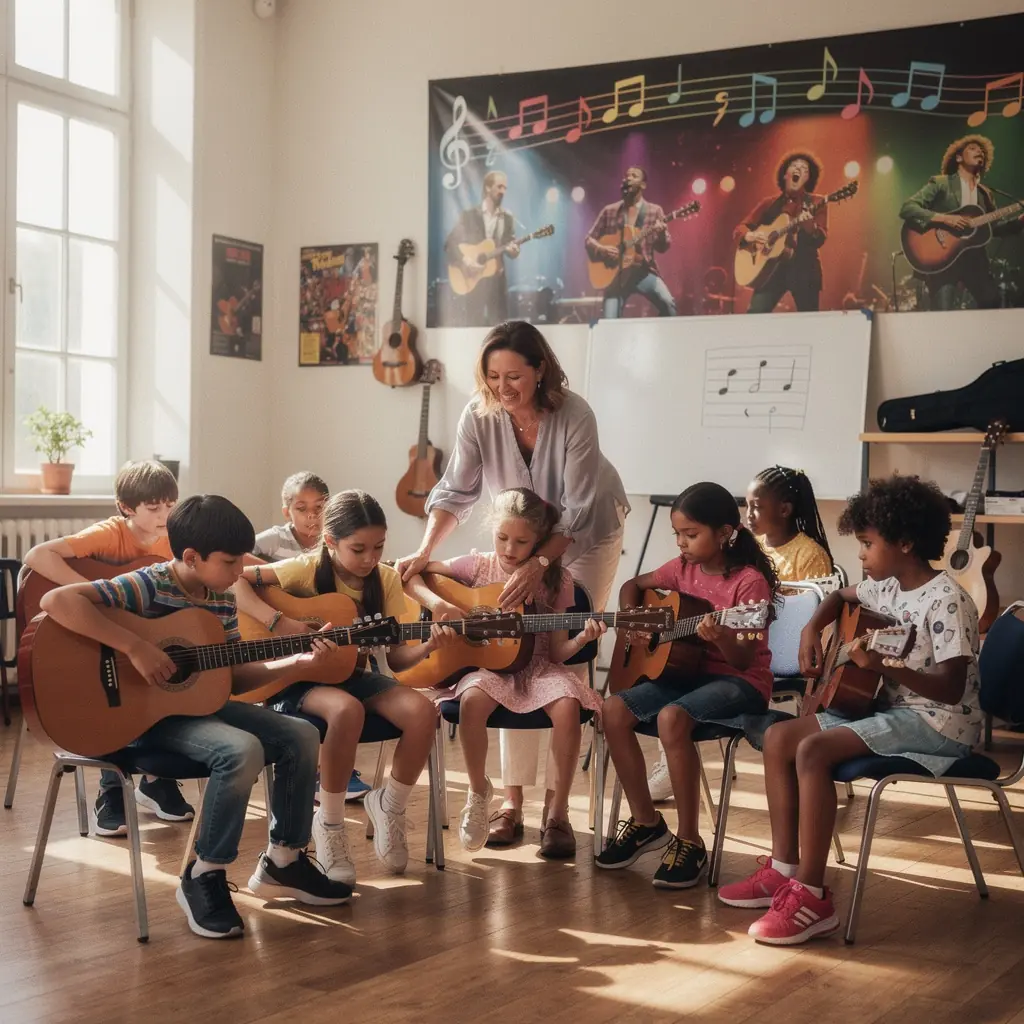 Ein Lehrer erklärt Musiktheorie mit einem Notenblatt und einer E-Gitarre.