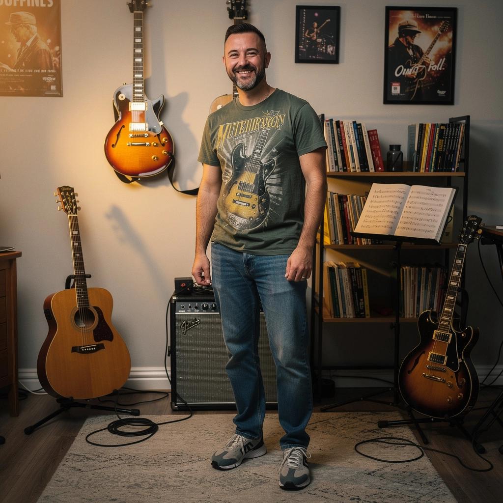 Ein Anfänger übt Akkorde auf einer akustischen Gitarre.